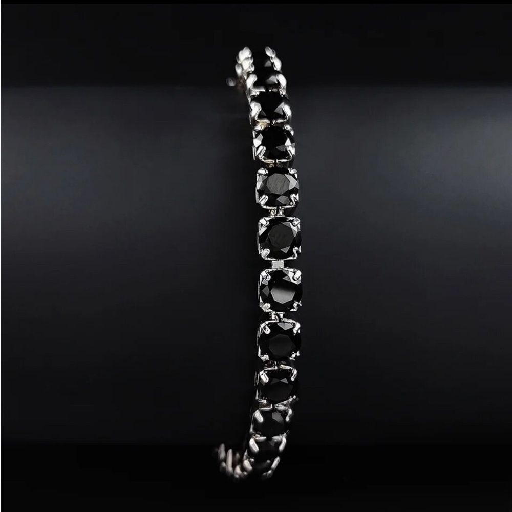 Black Onyx Tennis Bracelet Silver Tone Round Cut Stone Link Bracelet Women